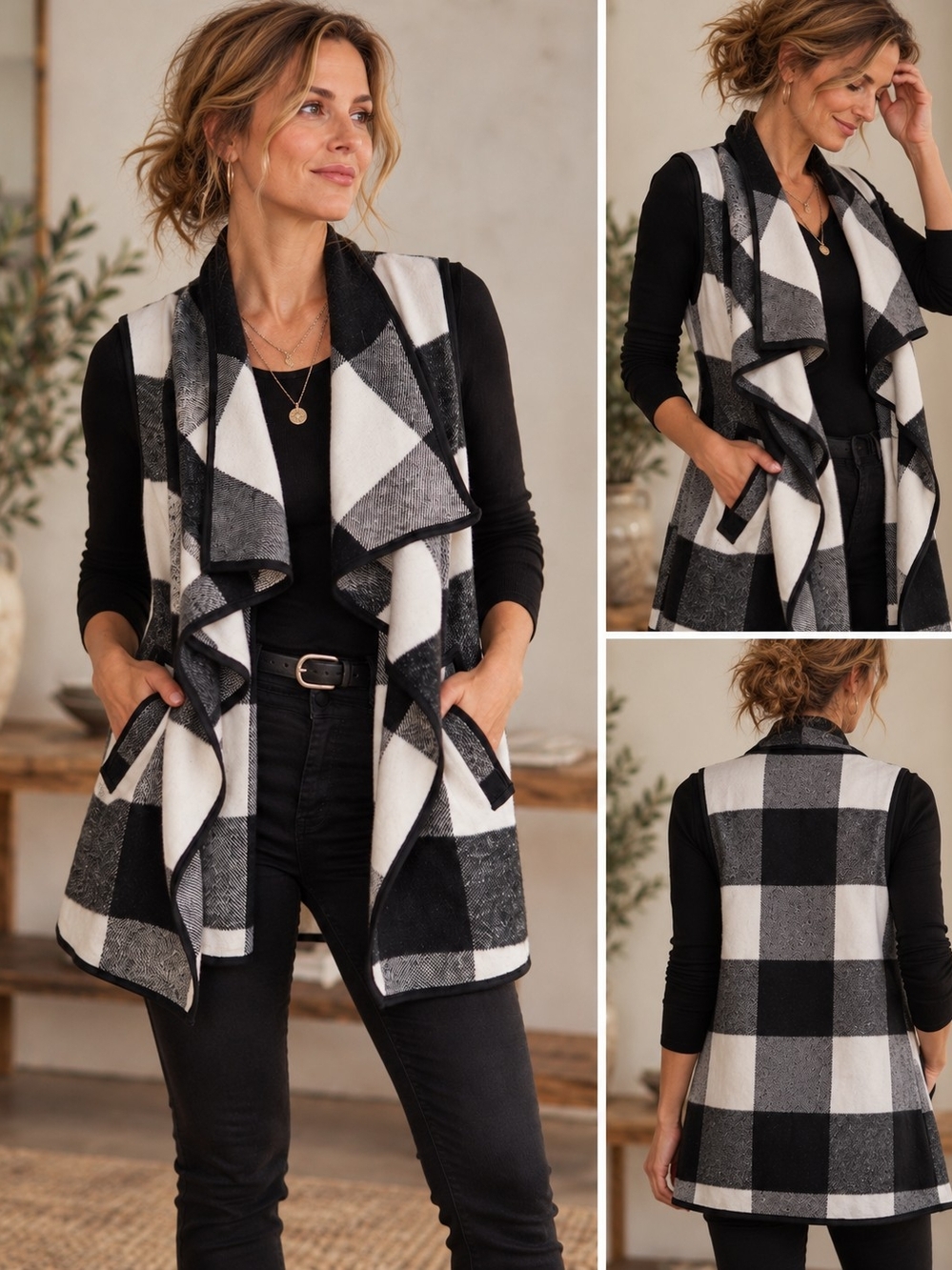 Black & White Buffalo Check Draped Open-Front Vest